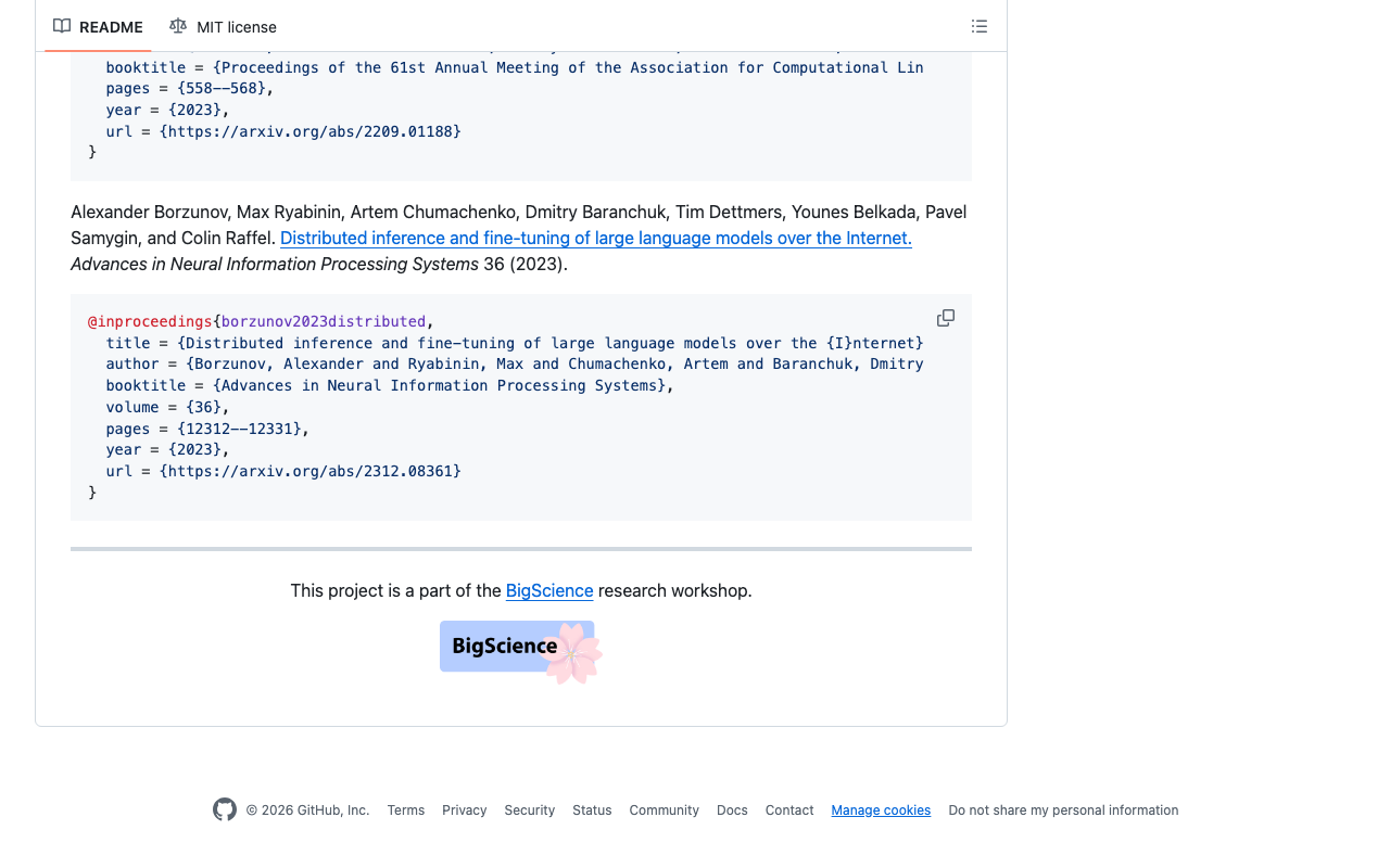 GitHub – bigscience-workshop/petals:   Run 100B+ language models at home, 
BitTorrent-style. Fine-tuning and inference up to 10x faster than offloading product screenshot