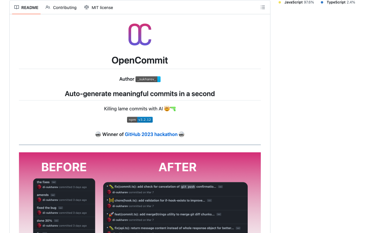 GitHub – di-sukharev/opencommit: GPT CLI to auto-generate impressive 
commits in 1 second product screenshot