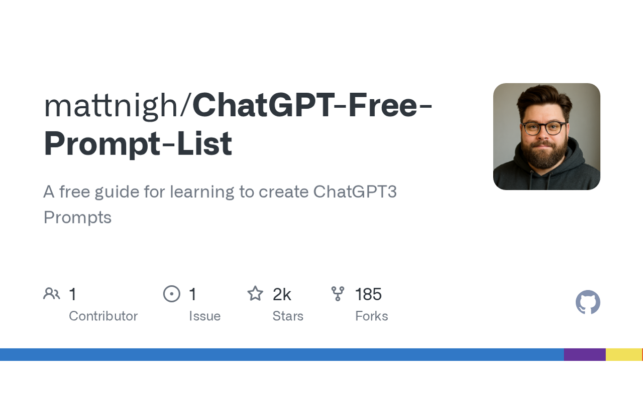 GitHub – mattnigh/ChatGPT3-Free-Prompt-List: A free guide for learning to 
create ChatGPT3 Prompts product screenshot