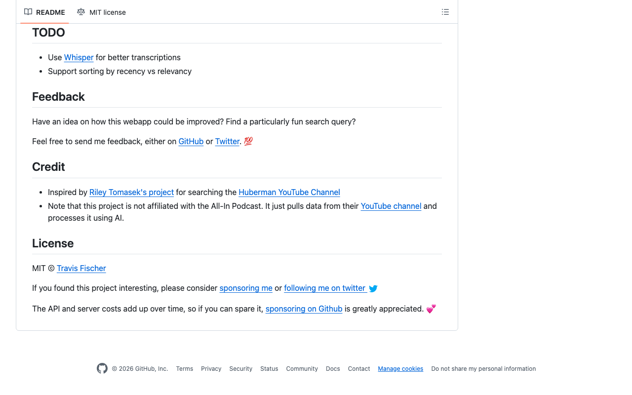 GitHub – transitive-bullshit/yt-semantic-search: OpenAI-powered semantic 
search for any YouTube playlist – featuring the All-In Podcast. product screenshot