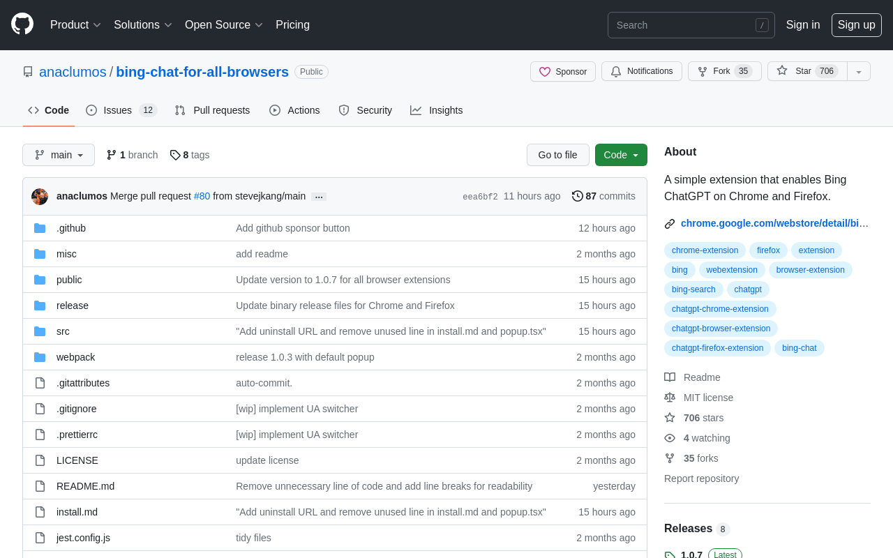 GitHub – anaclumos/bing-chat-for-all-browsers – A simple extension that 
enables Bing ChatGPT on Chrome and Firefox. product screenshot