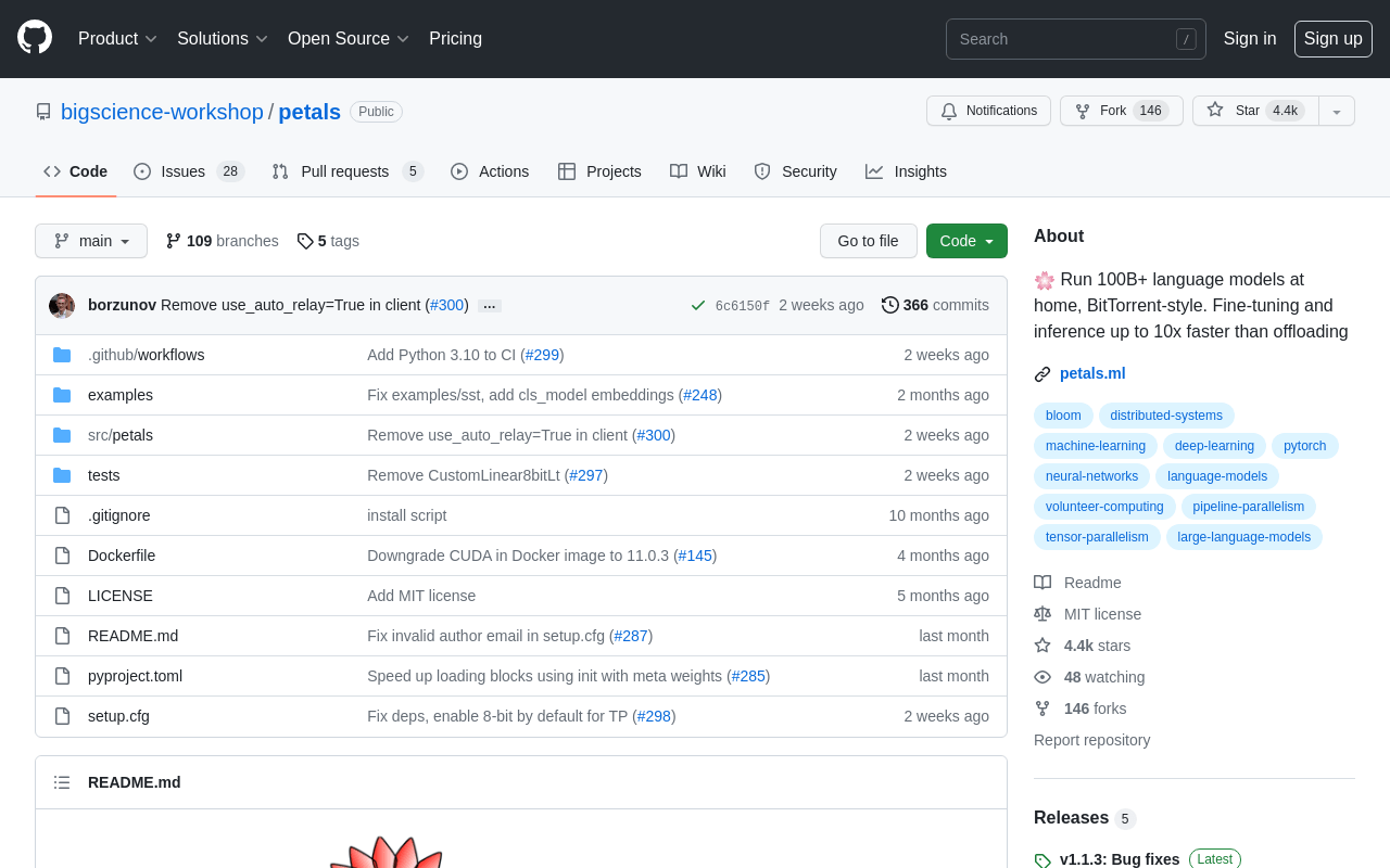 GitHub – bigscience-workshop/petals –   Run 100B+ language models at home, 
BitTorrent-style. Fine-tuning and inference up to 10x faster than offloading product screenshot