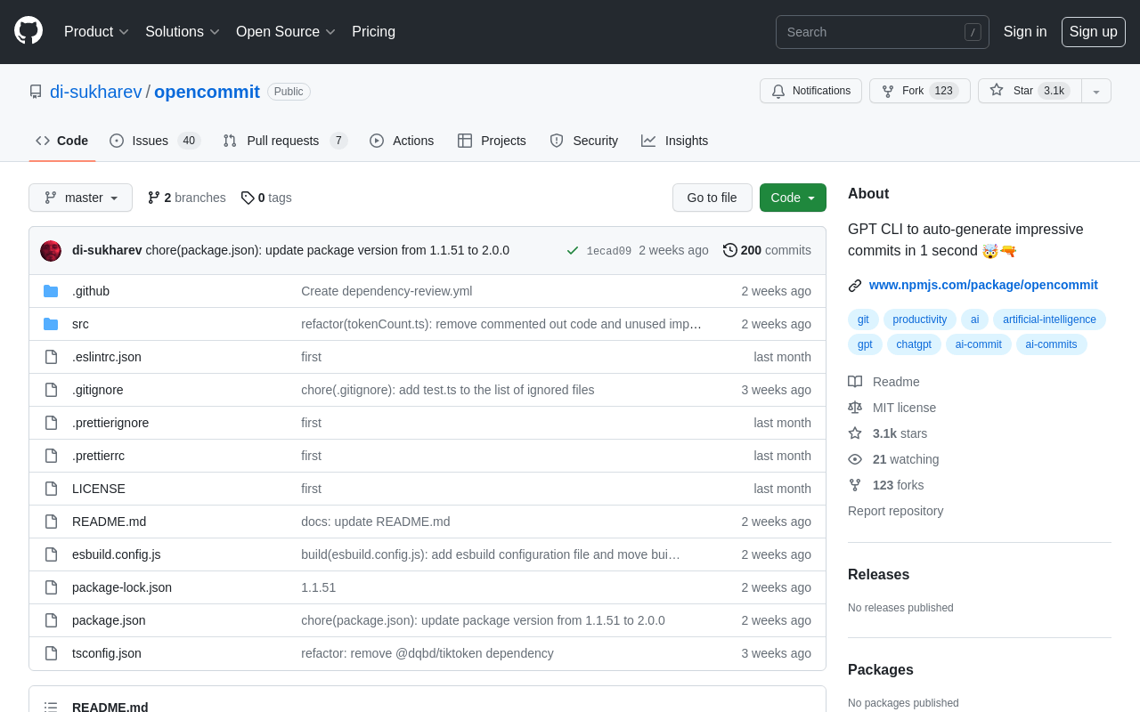 GitHub – di-sukharev/opencommit – GPT CLI to auto-generate impressive 
commits in 1 second product screenshot