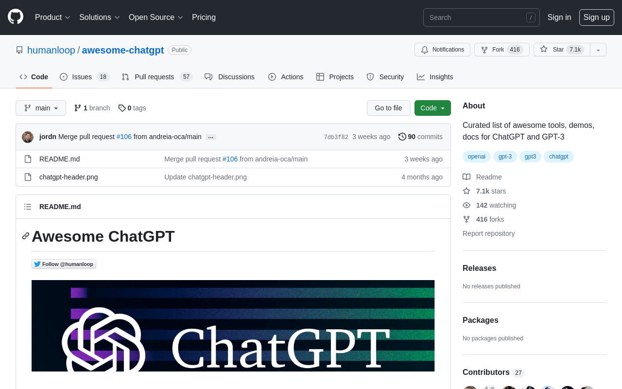 GitHub – humanloop/awesome-chatgpt – Curated list of awesome tools, demos, 
docs for ChatGPT and GPT-3 product screenshot