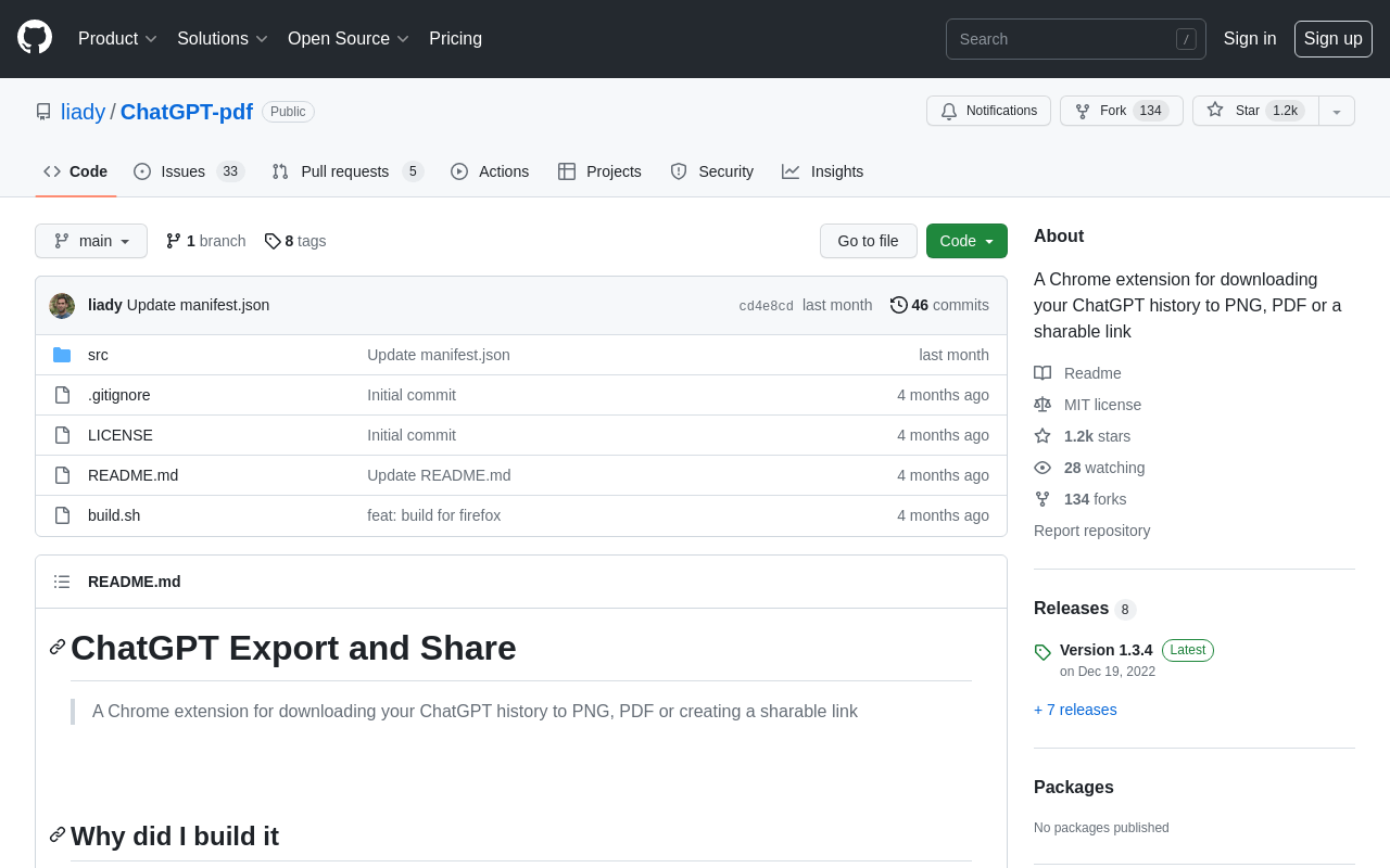 GitHub – liady/ChatGPT-pdf – A Chrome extension for downloading your ChatGPT 
history to PNG, PDF or a sharable link product screenshot