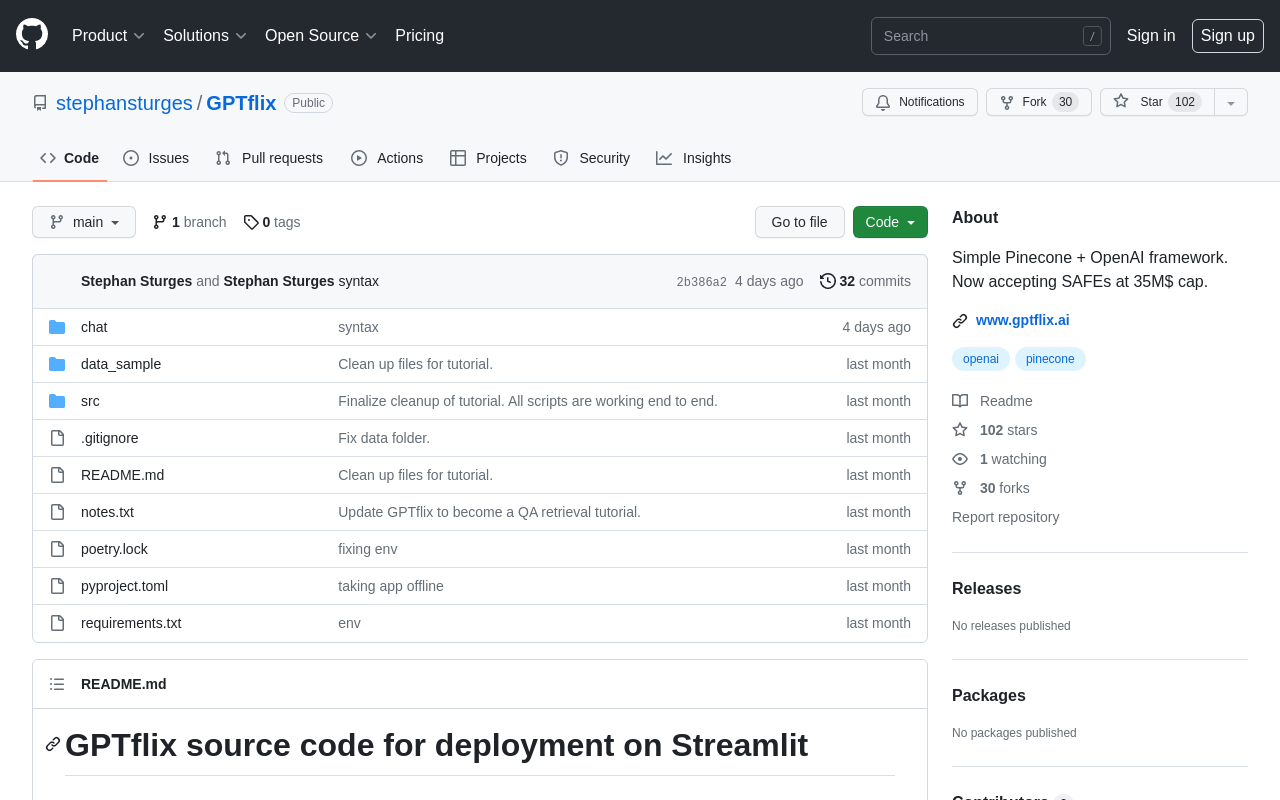 GitHub – stephansturges/GPTflix – Simple Pinecone + OpenAI framework. Now 
accepting SAFEs at 35M$ cap. product screenshot