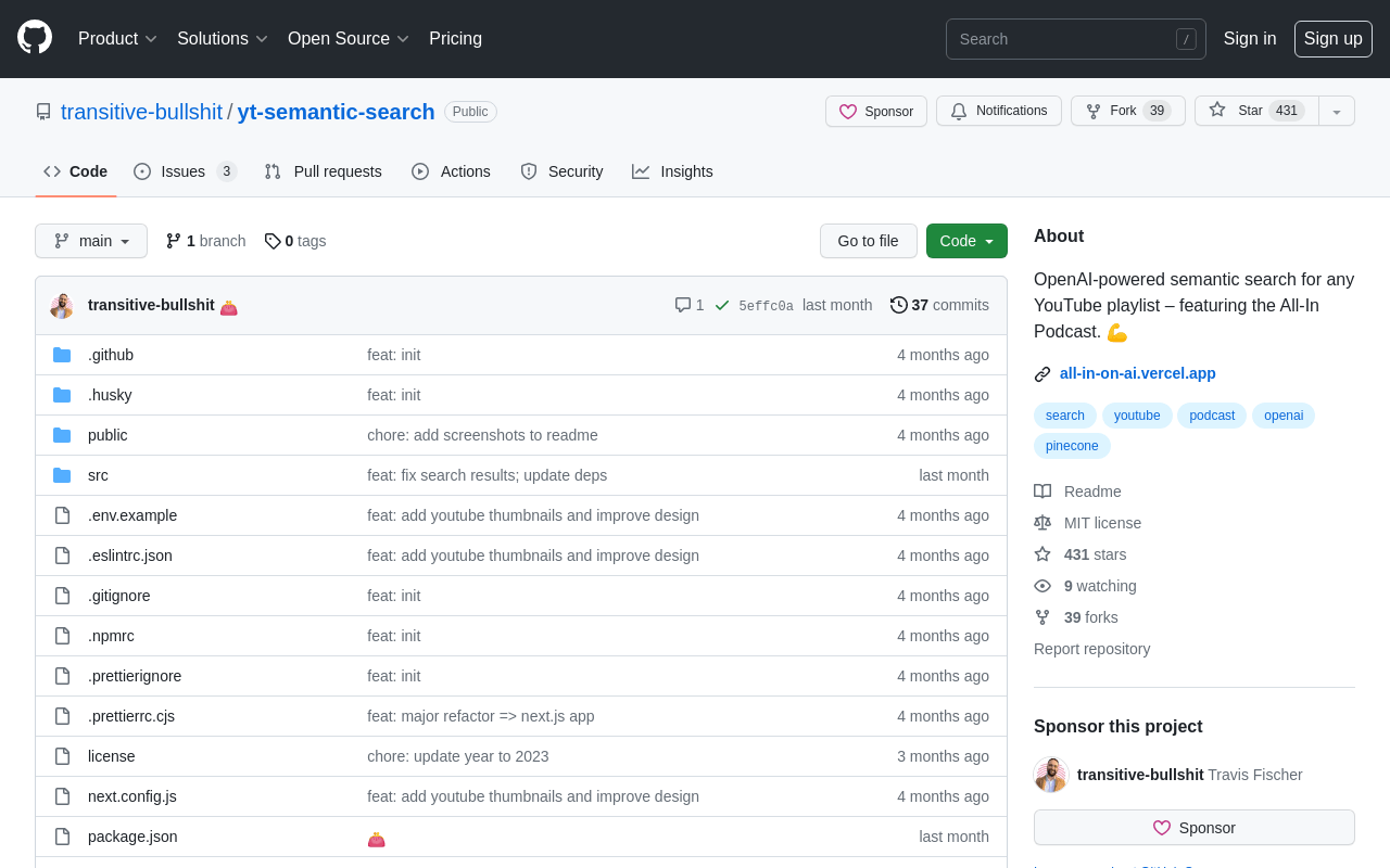 GitHub – transitive-bullshit/yt-semantic-search – OpenAI-powered semantic 
search for any YouTube playlist – featuring the All-In Podcast. product screenshot