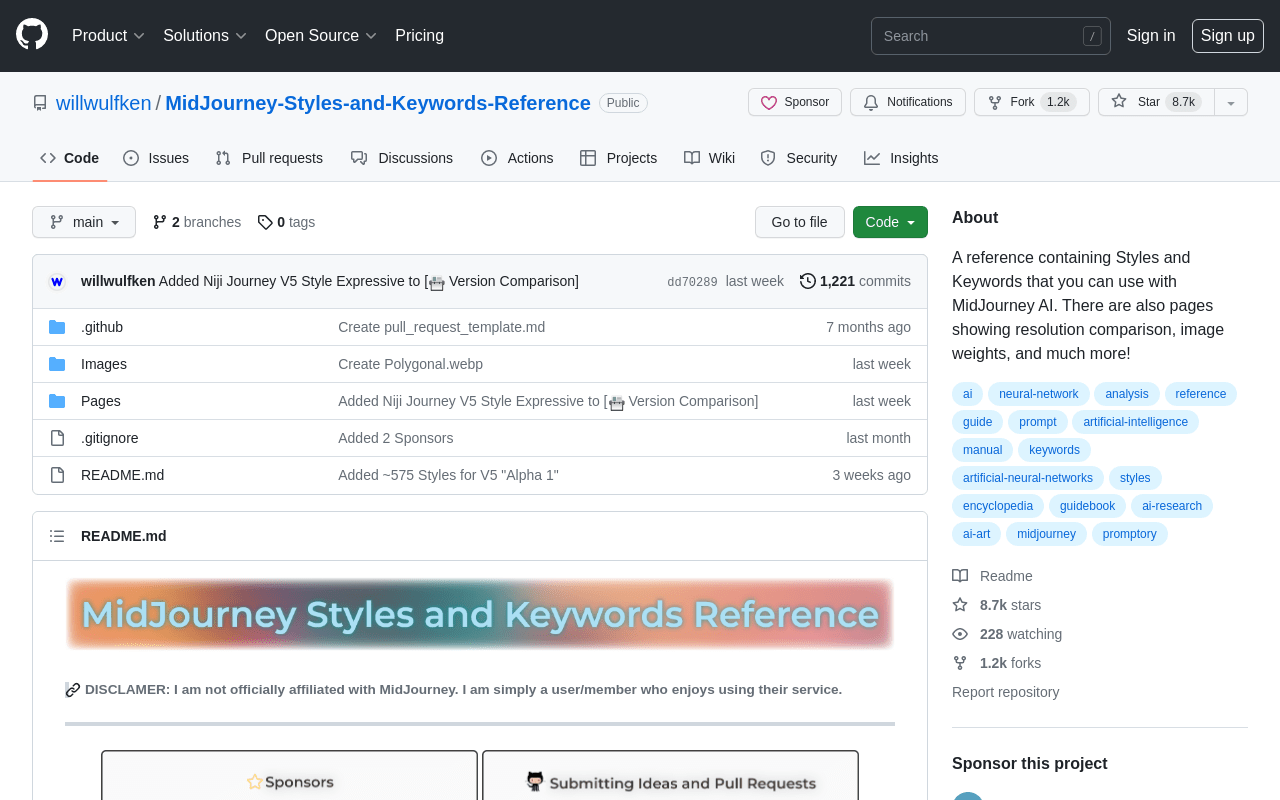 GitHub – willwulfken/MidJourney-Styles-and-Keywords-Reference: A reference 
containing Styles and Keywords that you can use with MidJourney AI. There 
are also pages showing resolution comparison, image weights, and much more! product screenshot