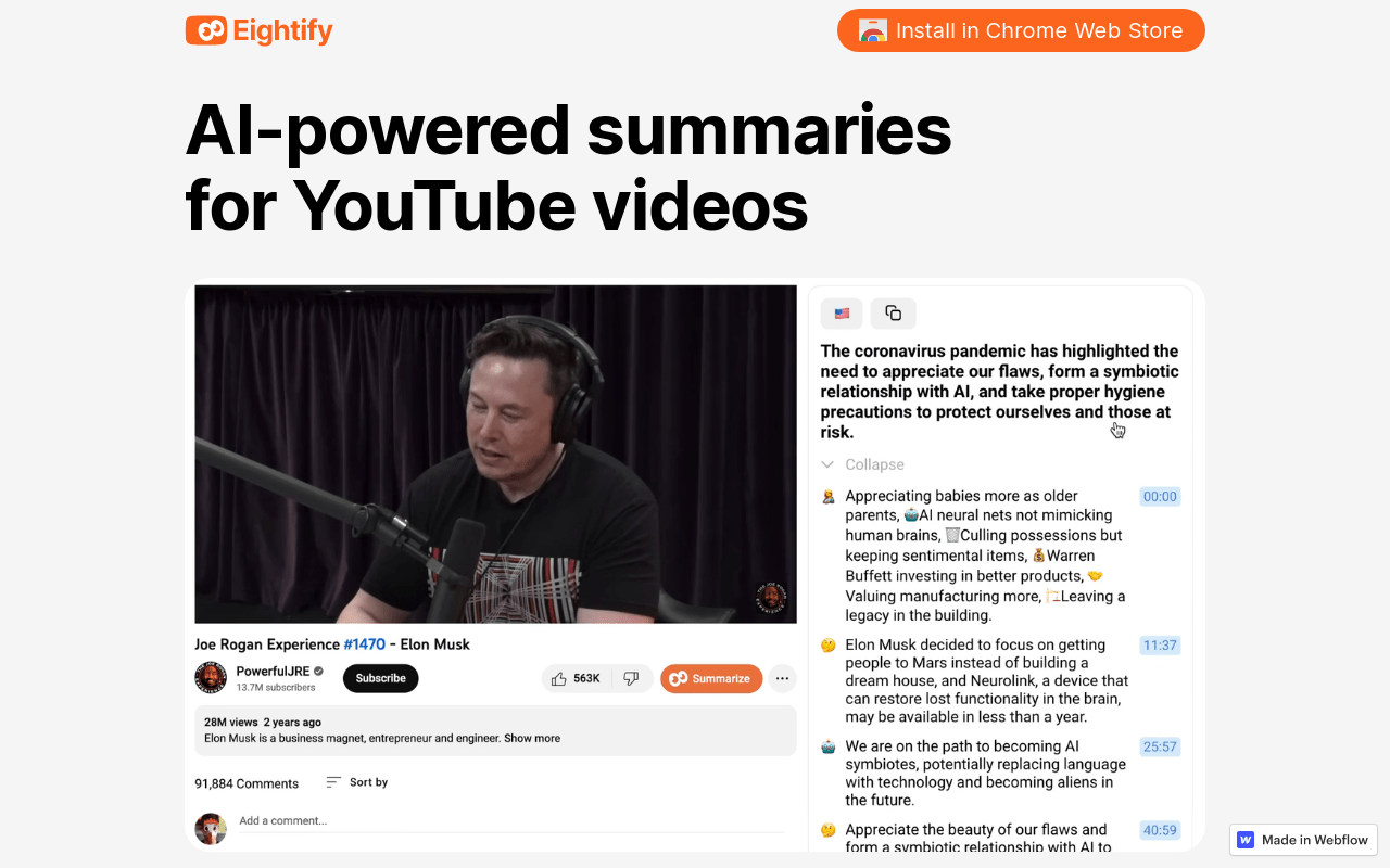 YouTube Video Summaries with Eightify AI ChatGPT product screenshot